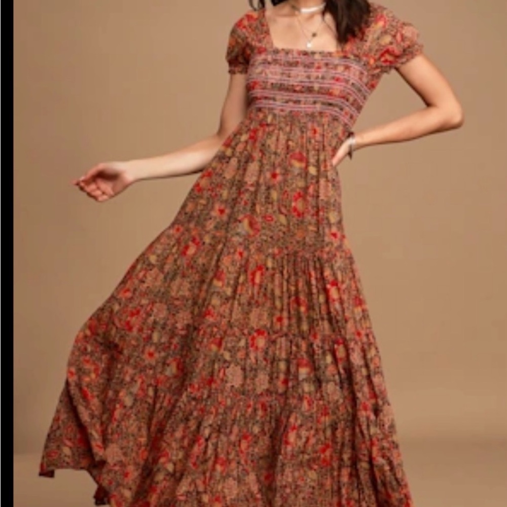 Free people Getaway Red Floral Print Pleated Tiered Maxi Dress *flaw*